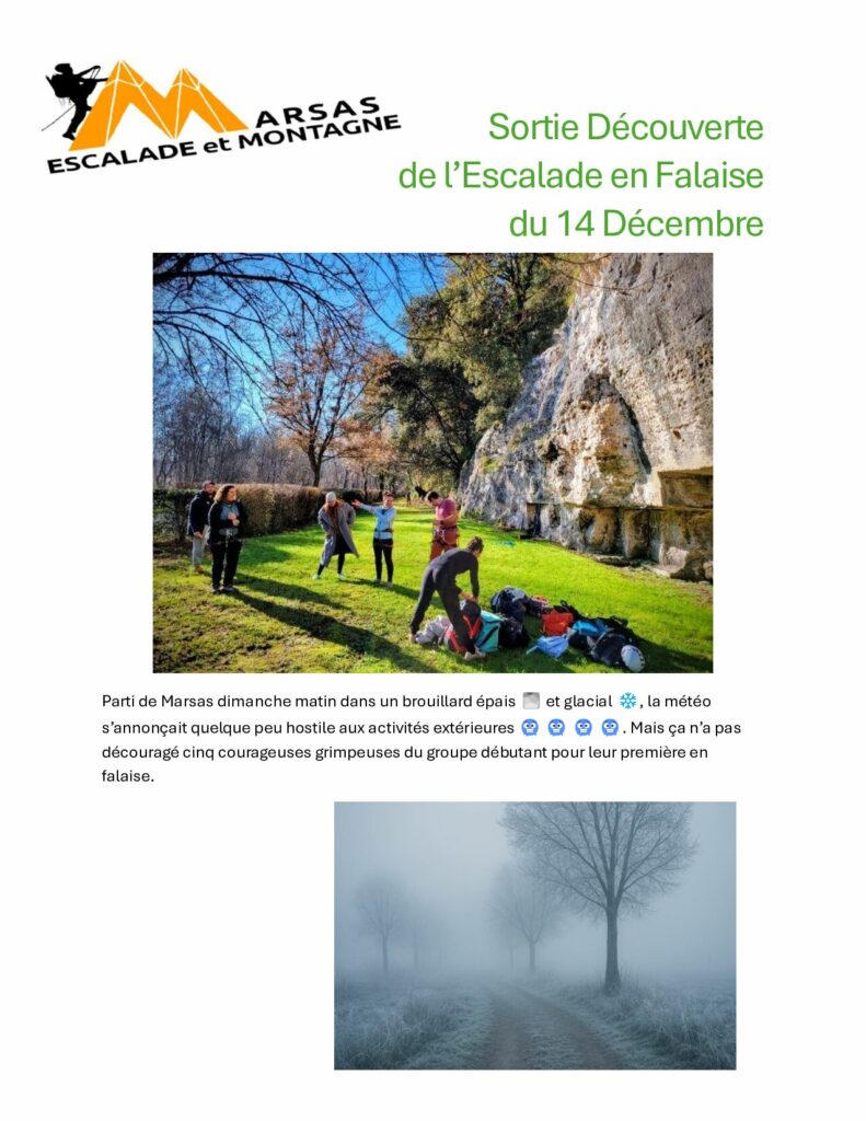 Compte rendu sortie découverte de l’escalade en falaise du 14 Décembre