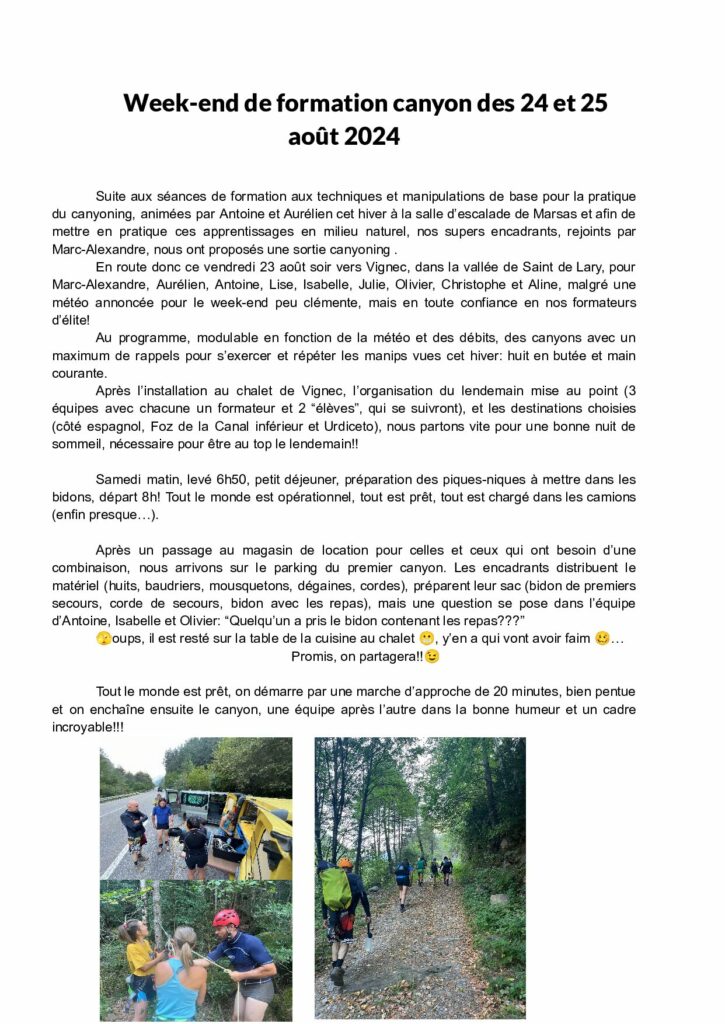 Résumé du week-end canyoning des 24 et 25 août derniers rédigé par Aline